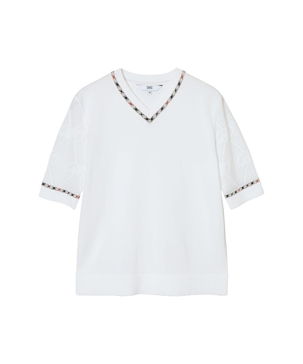 DAKS コットン混ストレッチ ロゴメッシュスリーブ Vネックプルオーバー 