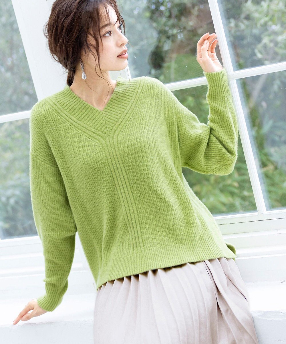 Tiaclasse L 【洗える】Vネック起毛ニットトップス 