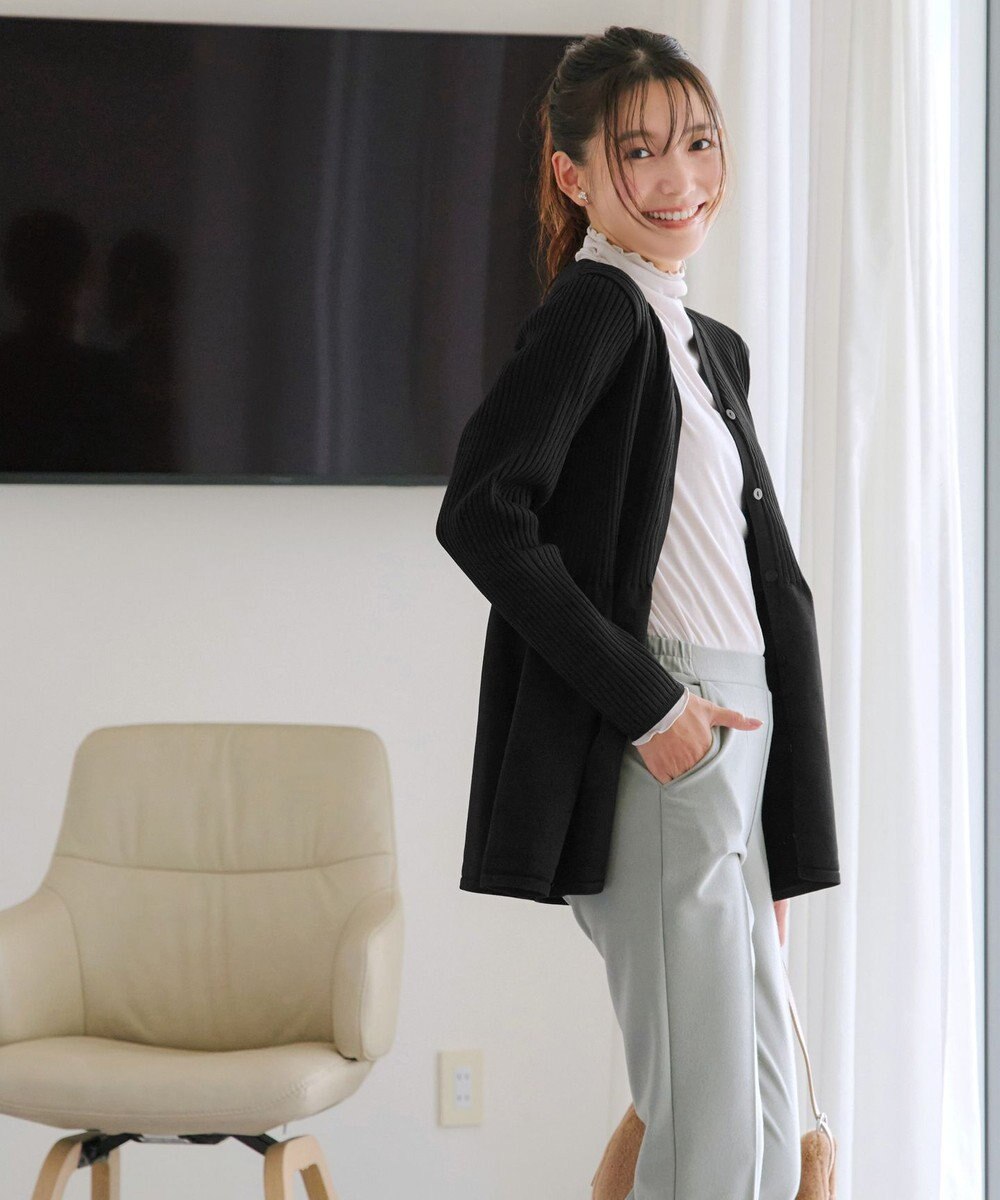 Tiaclasse L 【洗える】リブ切替フレアカーディガン 