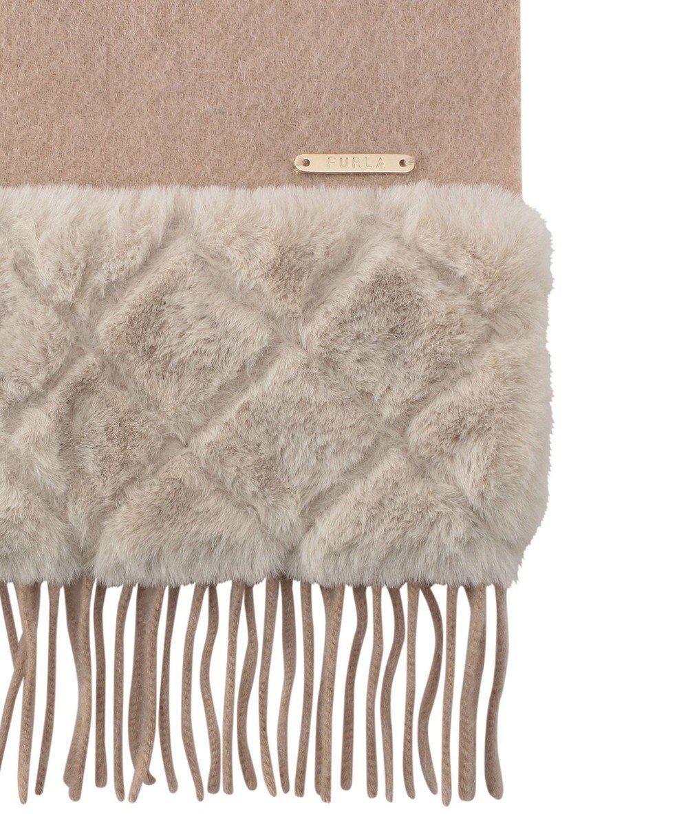 MOONBAT 【WEB限定】フルラ (FURLA)エコファー付きマフラー 無地×キルト風 ウールマフラー ロゴプレート付き 