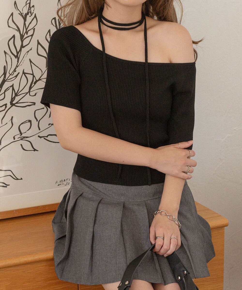 WEGO チョーカーリボン付きオフショルニット 