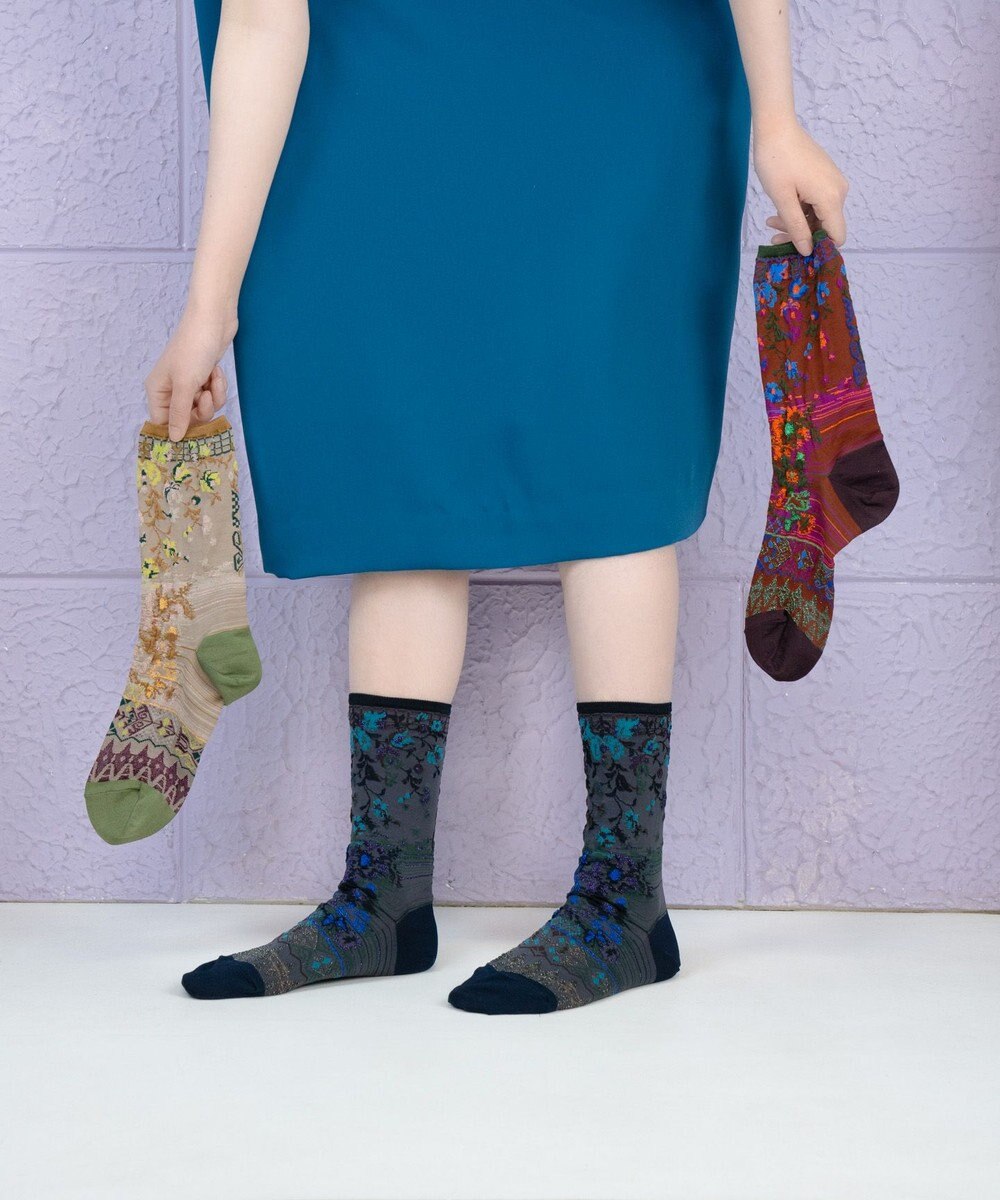 COQ antigua flower ラメ花柄ソックス 