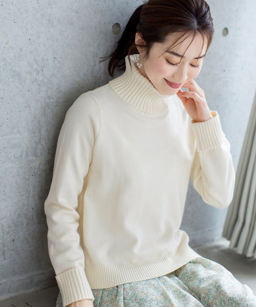 Tiaclasse L 【洗える】もっちり柔らかいリブタートルプルオーバーニット 