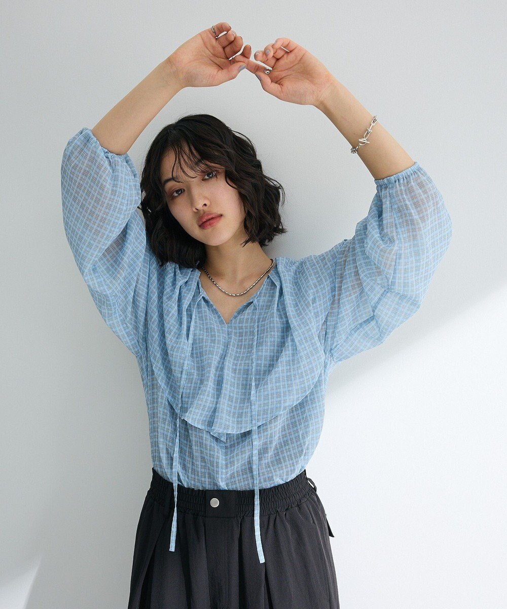 Green Parks チェックシアーフリルブラウス 