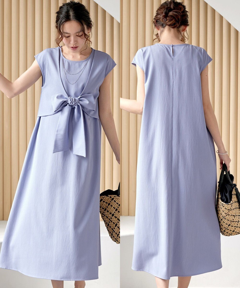 Tiaclasse L 【2WAY・洗える】ウエストリボンフレンチスリーブマキシワンピース 