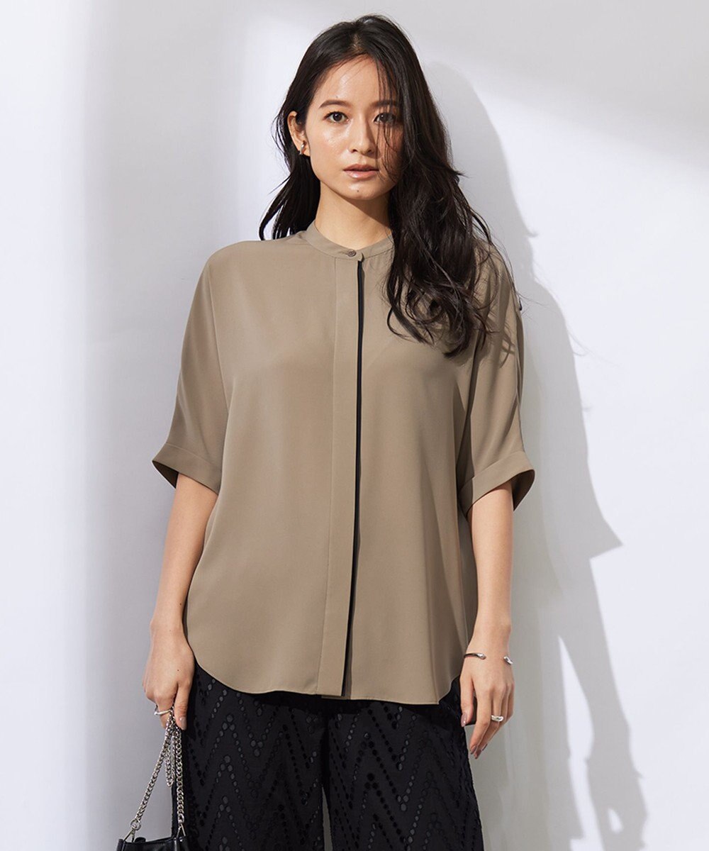 ICB L 【新色追加・接触冷感・UVケア・速乾・洗える】BackSatinAmunzen 5分袖バンドカラーブラウス 