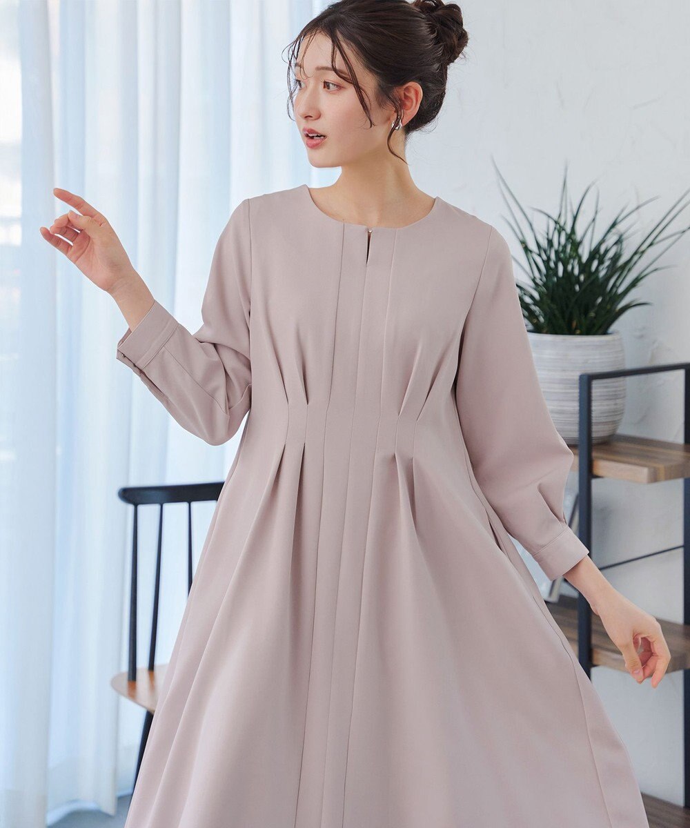 Tiaclasse 【洗える】ビジュー付きフロント切替タックワンピース 