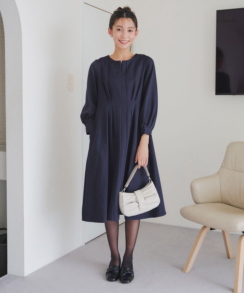 Tiaclasse 【洗える】ビジュー付きフロント切替タックワンピース 