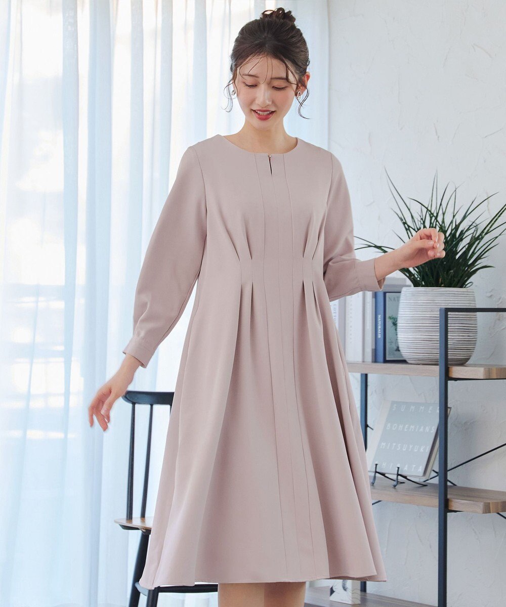 Tiaclasse 【洗える】ビジュー付きフロント切替タックワンピース 