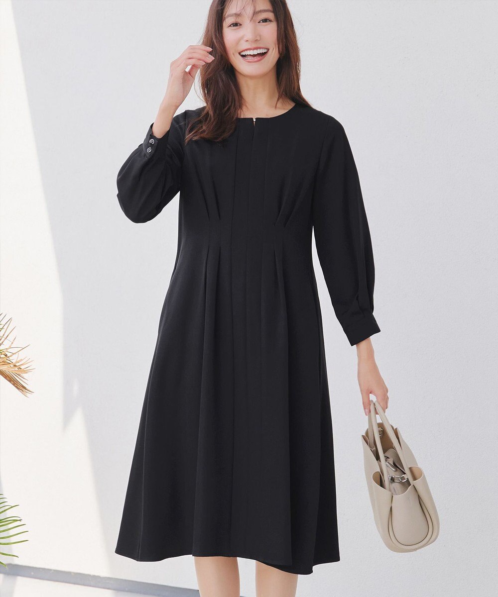 Tiaclasse 【洗える】ビジュー付きフロント切替タックワンピース 