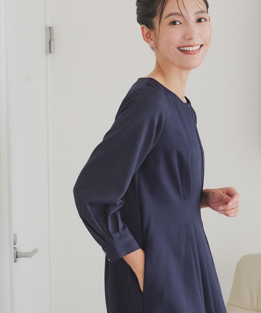 Tiaclasse 【洗える】ビジュー付きフロント切替タックワンピース 