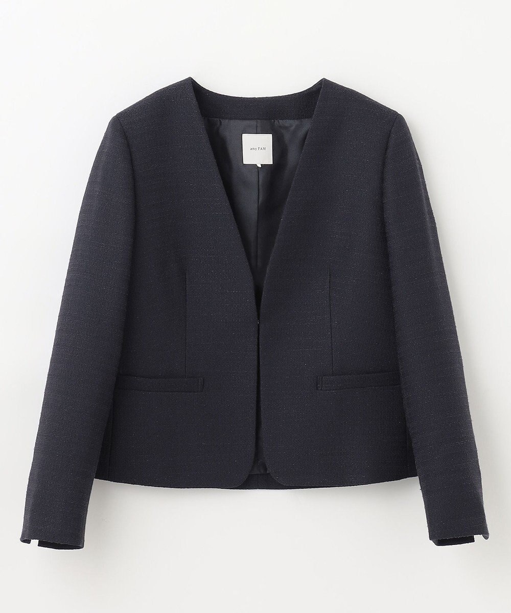 ANY ライトツイード　Ｖネックノーカラージャケット 
