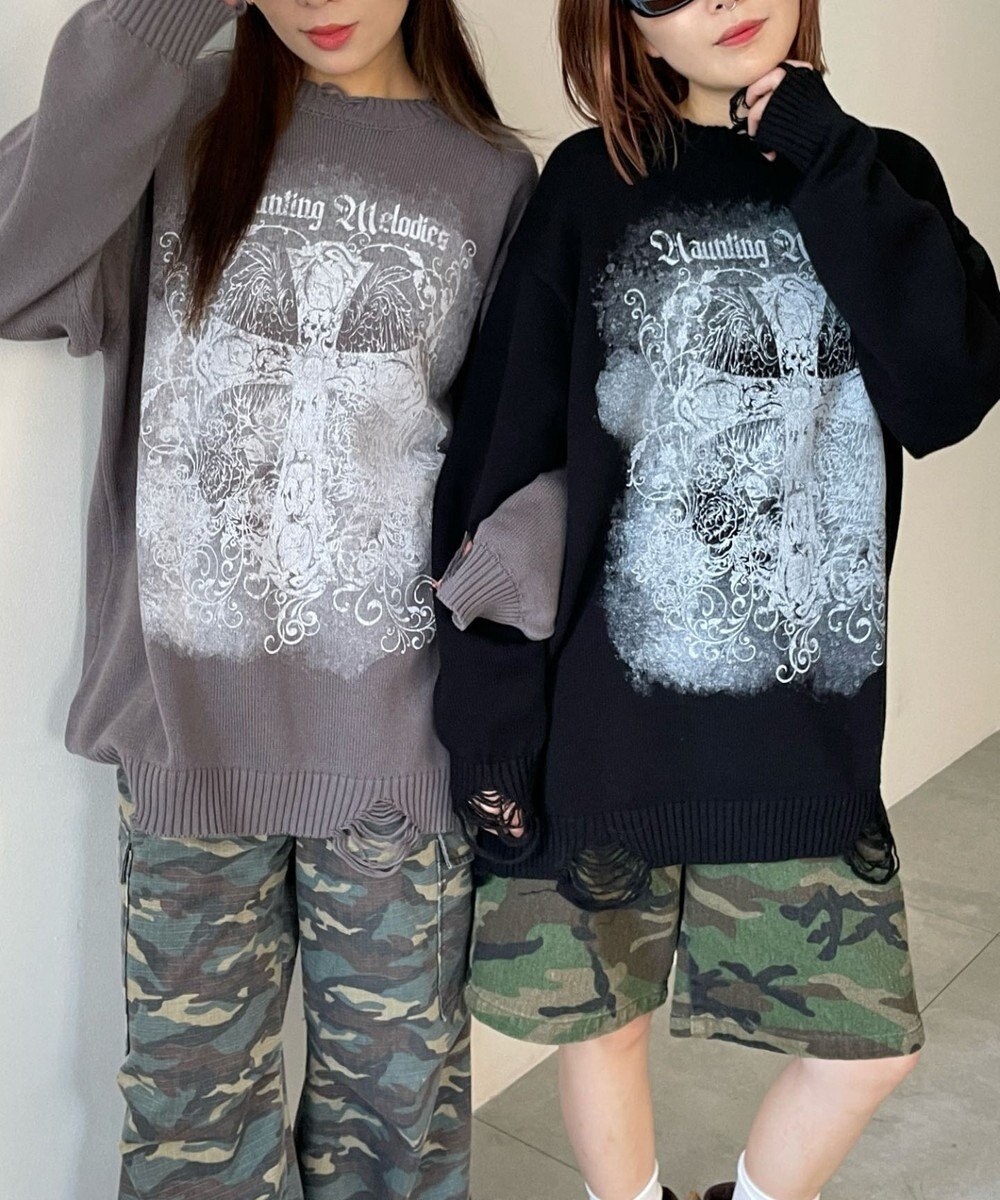 WEGO クラッシュBIGプリントニットプルオーバー 