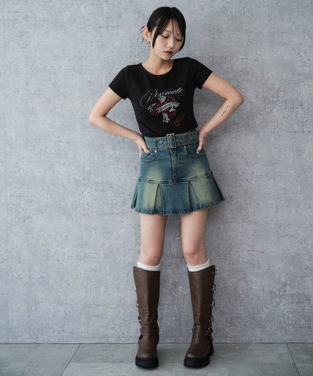 WEGO ベルト付デニムプリーツスカパン 