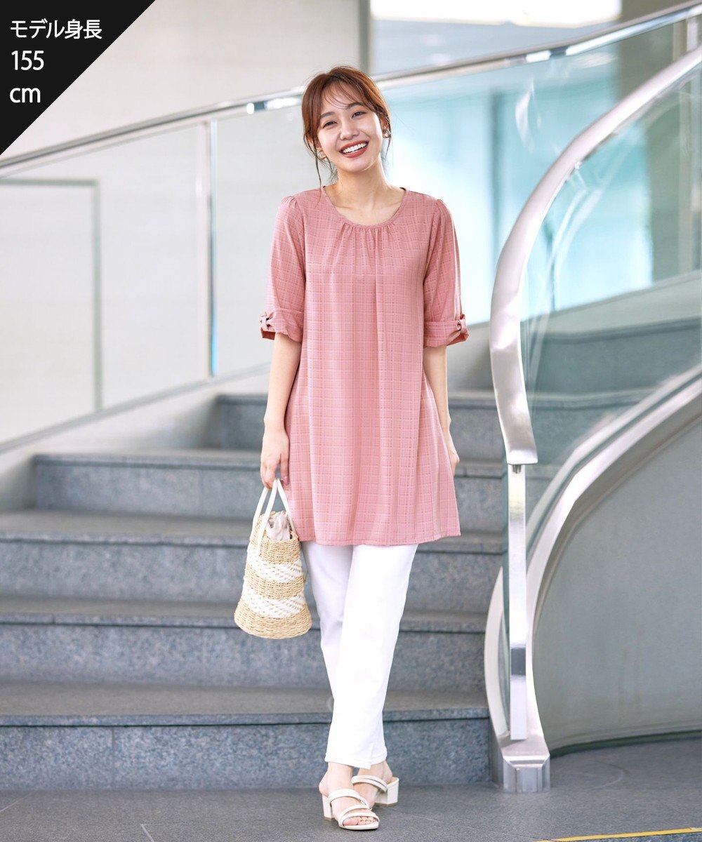 Tiaclasse L 【洗える】シアーチェックリボン袖チュニックブラウス 