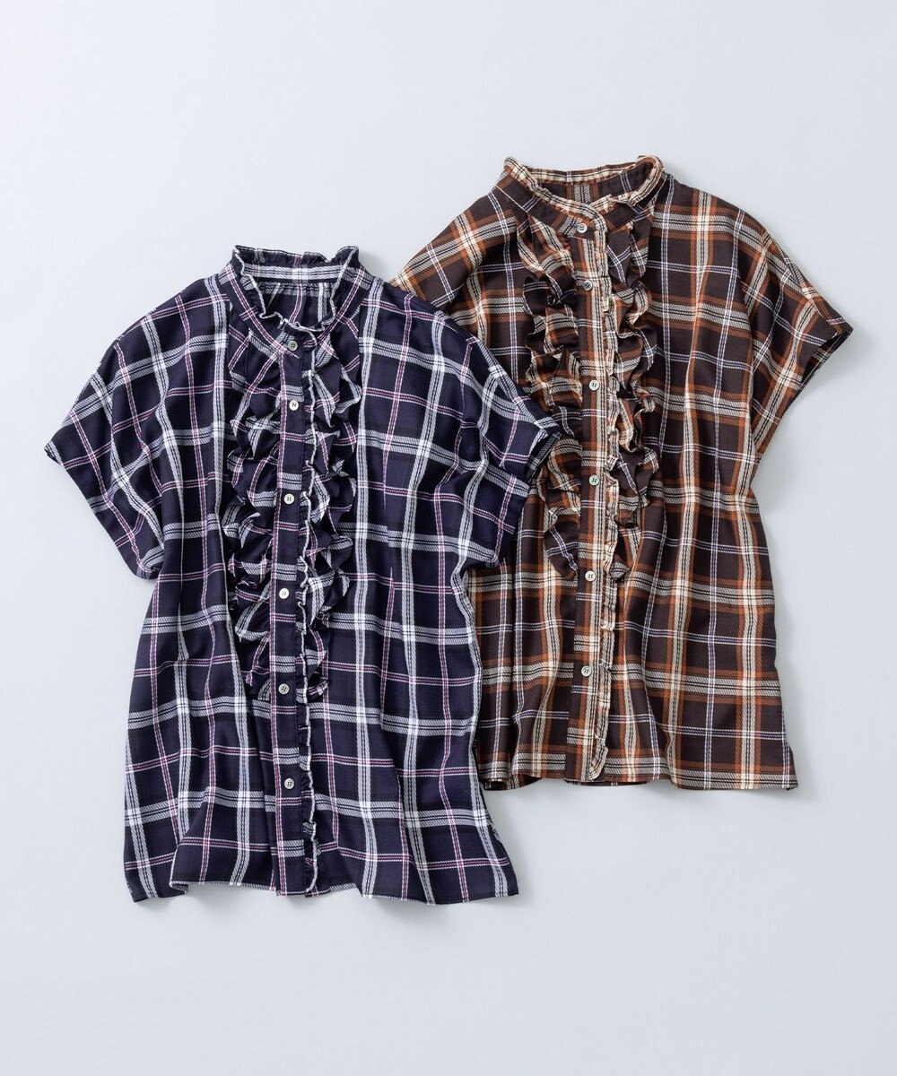 組曲 シアーツイルチェック フリルブラウス 