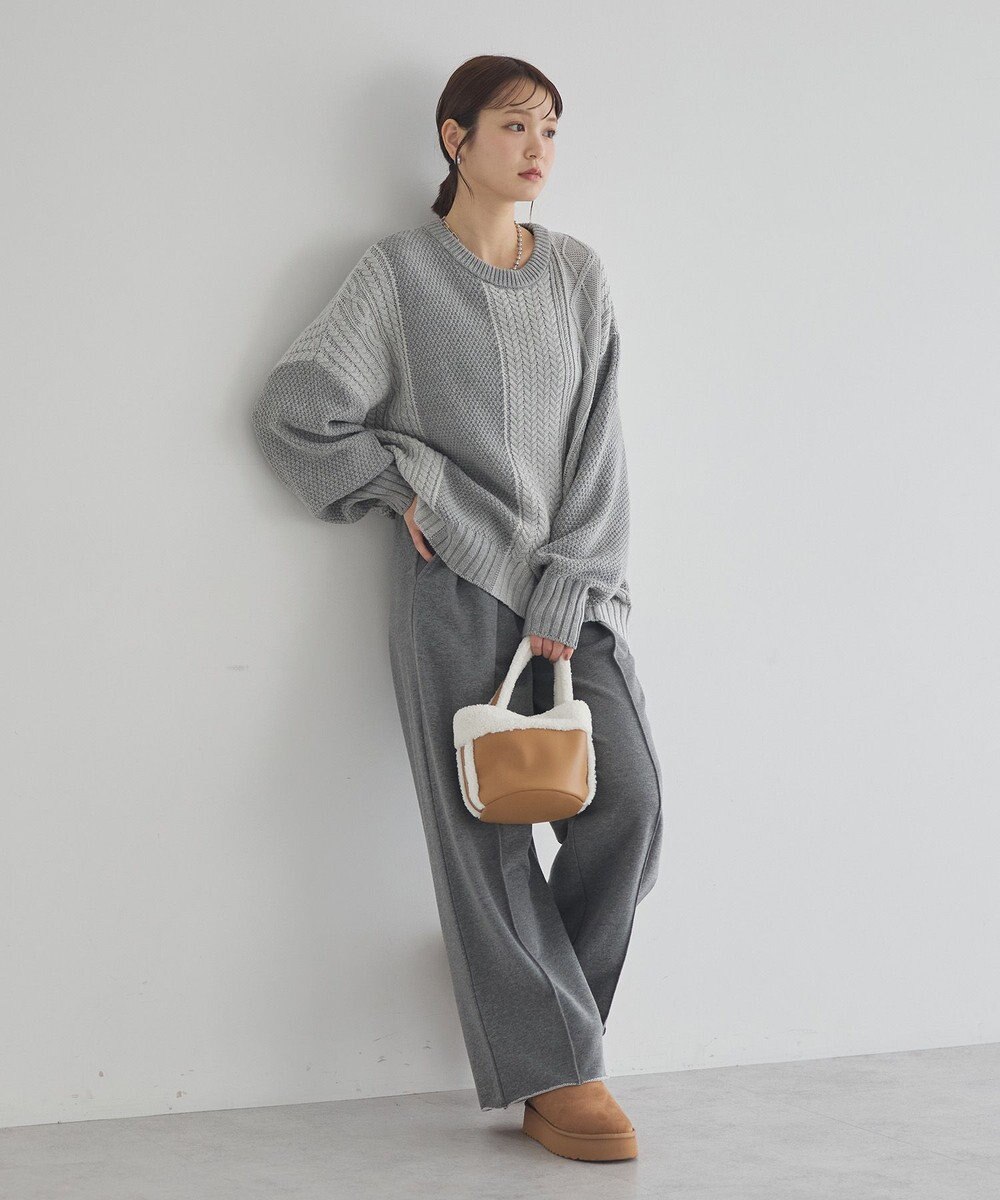 earth music&ecology 【洗濯機洗い可】アンチピリングC/Aパッチワークケーブルニット 