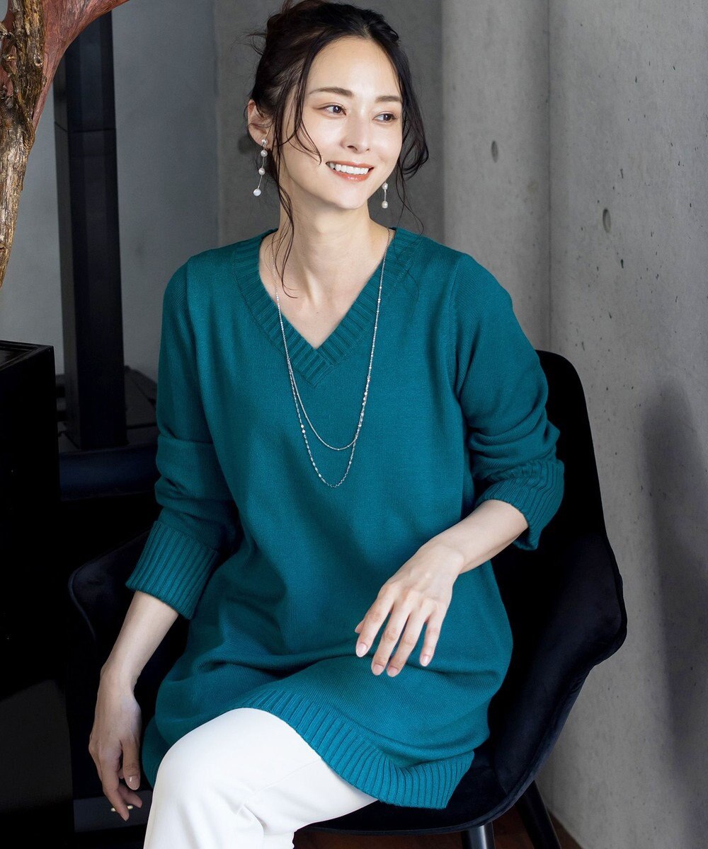 Tiaclasse 【洗える】Vネックリブニットチュニック 