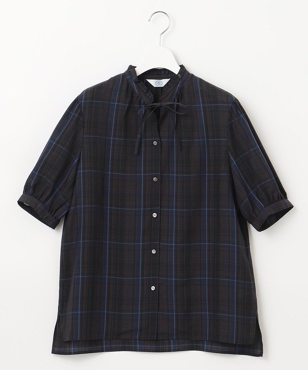 J.PRESS LADIES 【洗える】キュプラチェック フリルスタンドカラー ブラウス 