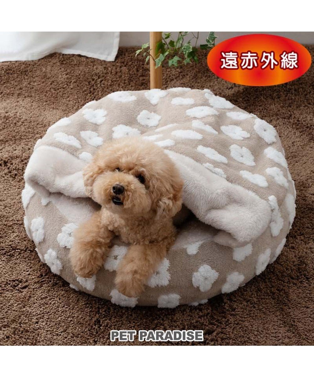 PET PARADISE ペットパラダイス  ボア寝袋 丸型《お花柄》M  径60cm 小型犬 ベージュ