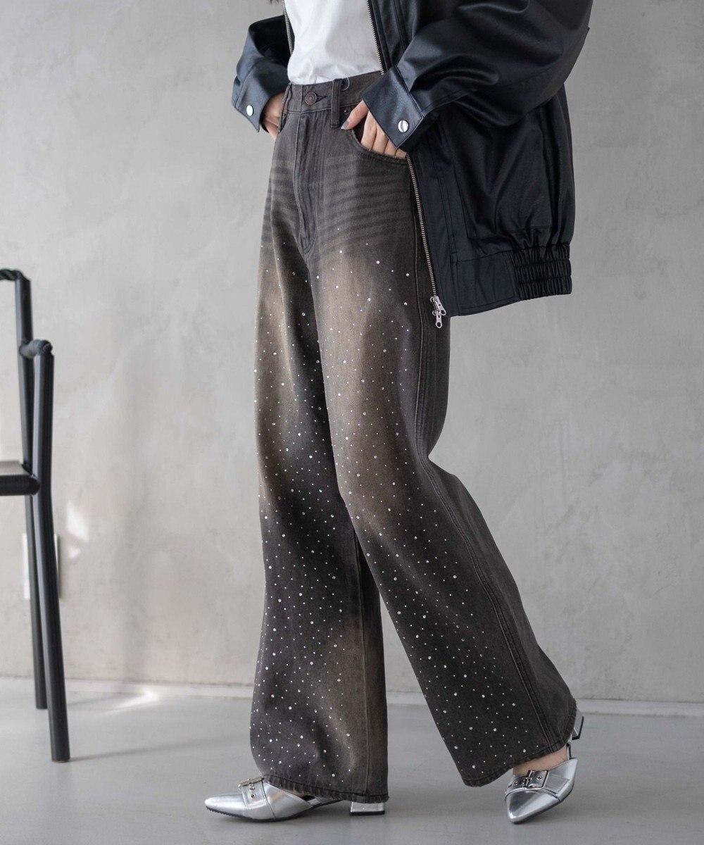 WEGO ラインストーンストレートデニムパンツ 