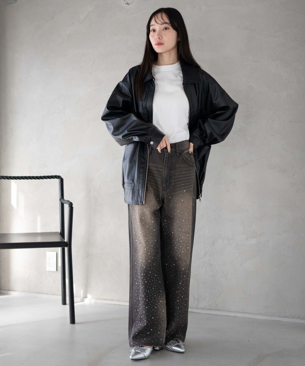 WEGO ラインストーンストレートデニムパンツ 