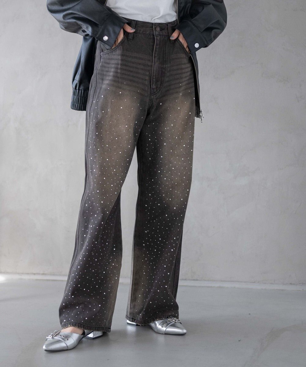 WEGO ラインストーンストレートデニムパンツ 