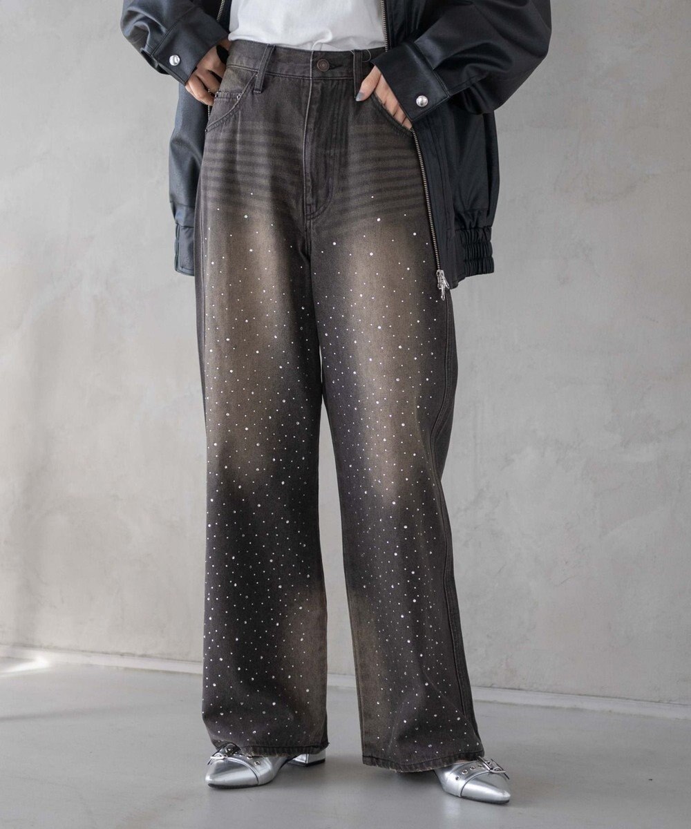 WEGO ラインストーンストレートデニムパンツ 