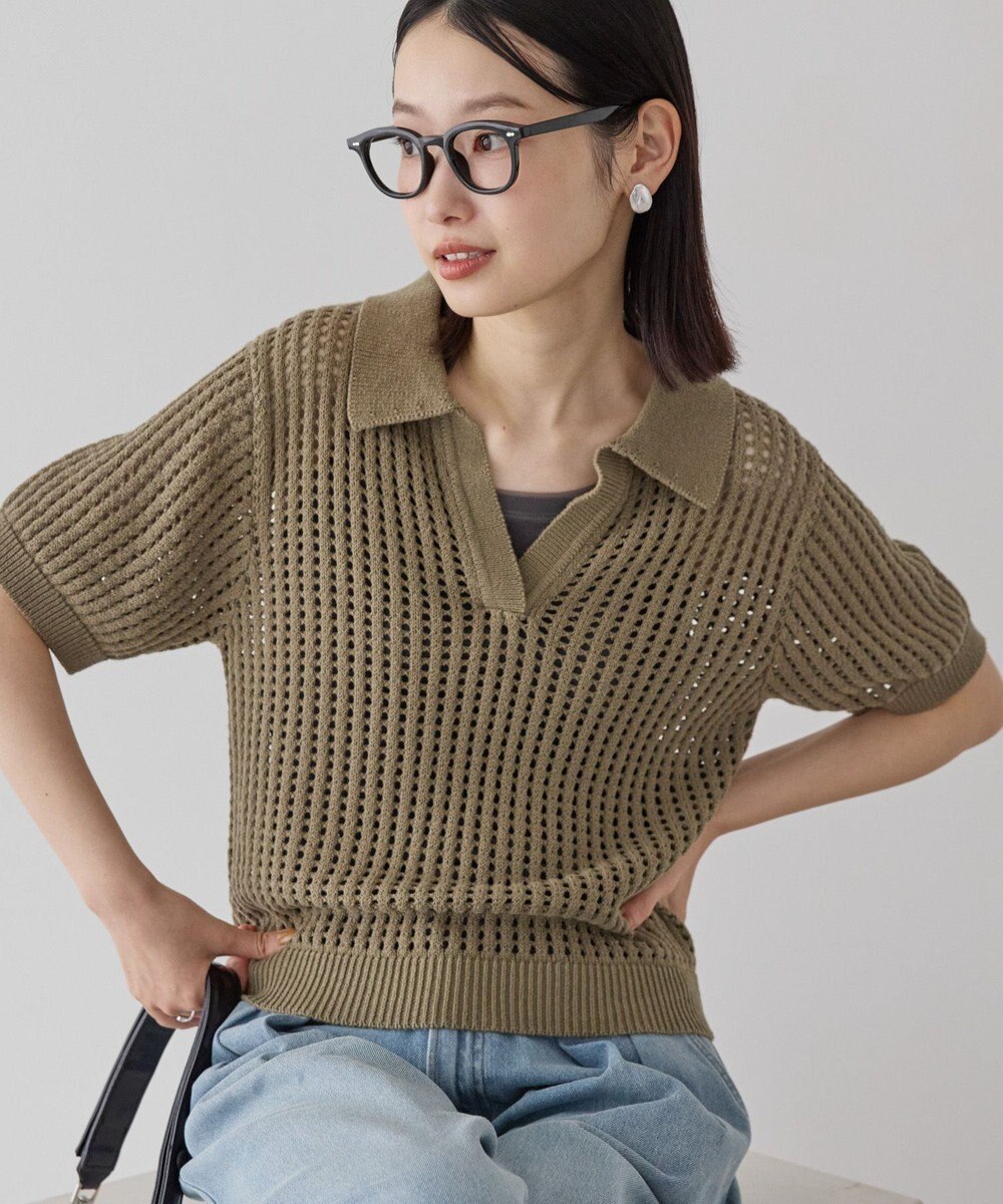AMERICAN HOLIC 衿付きメッシュ編み半袖ニットプルオーバー 