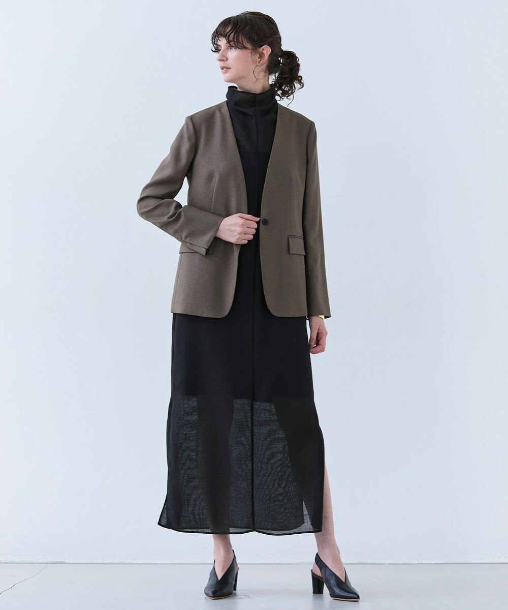 BEIGE， 【L-size】CAROLE / リネンライクノーカラーハーフ丈ジャケット 