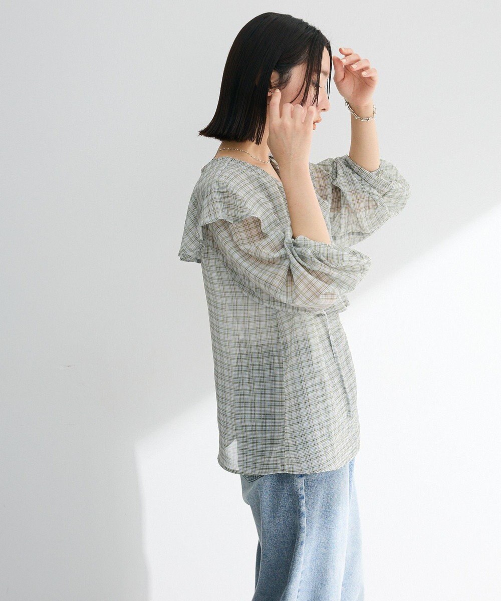 Green Parks チェックシアーフリルブラウス 