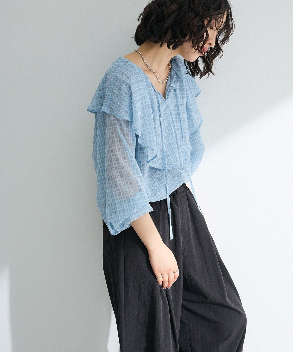 Green Parks チェックシアーフリルブラウス 