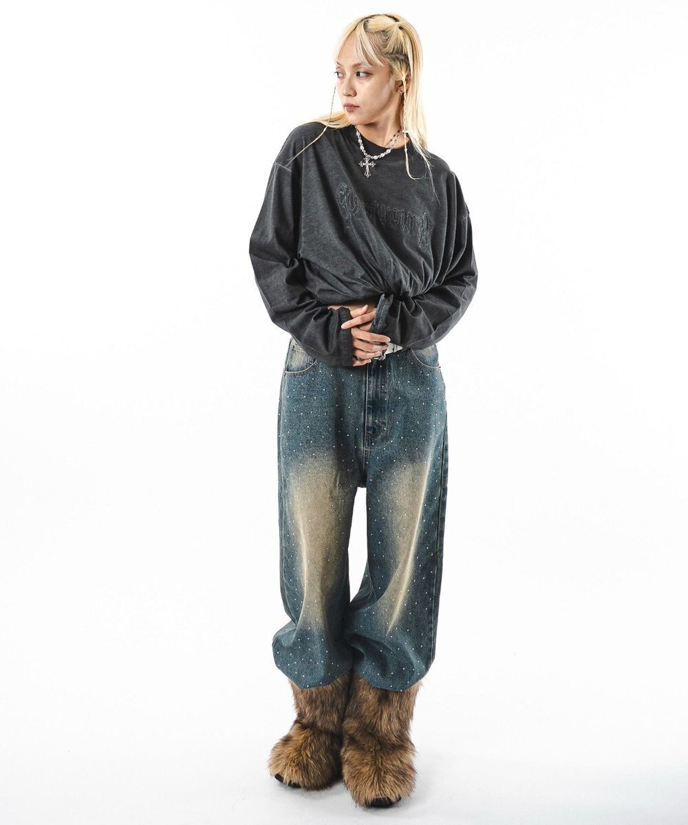 WEGO 【ユニセックス着用ITEM】スーパーバギーラインストーンデニムパンツ 