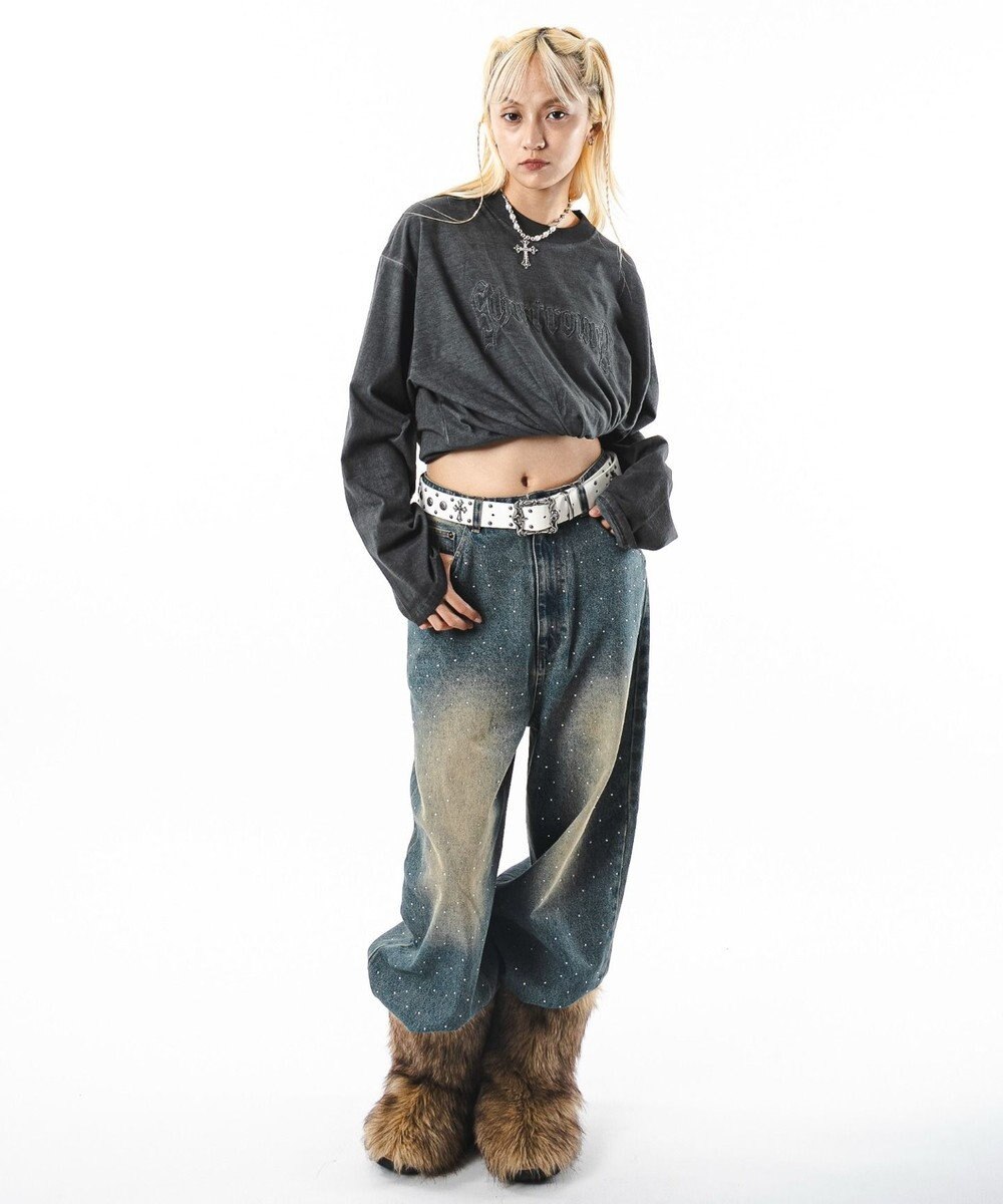 WEGO 【ユニセックス着用ITEM】スーパーバギーラインストーンデニムパンツ 