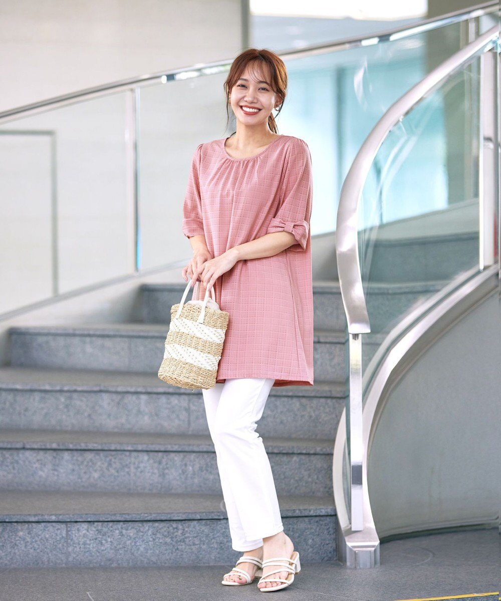 Tiaclasse L 【洗える】シアーチェックリボン袖チュニックブラウス 