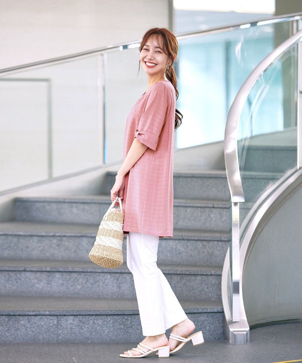 Tiaclasse L 【洗える】シアーチェックリボン袖チュニックブラウス 