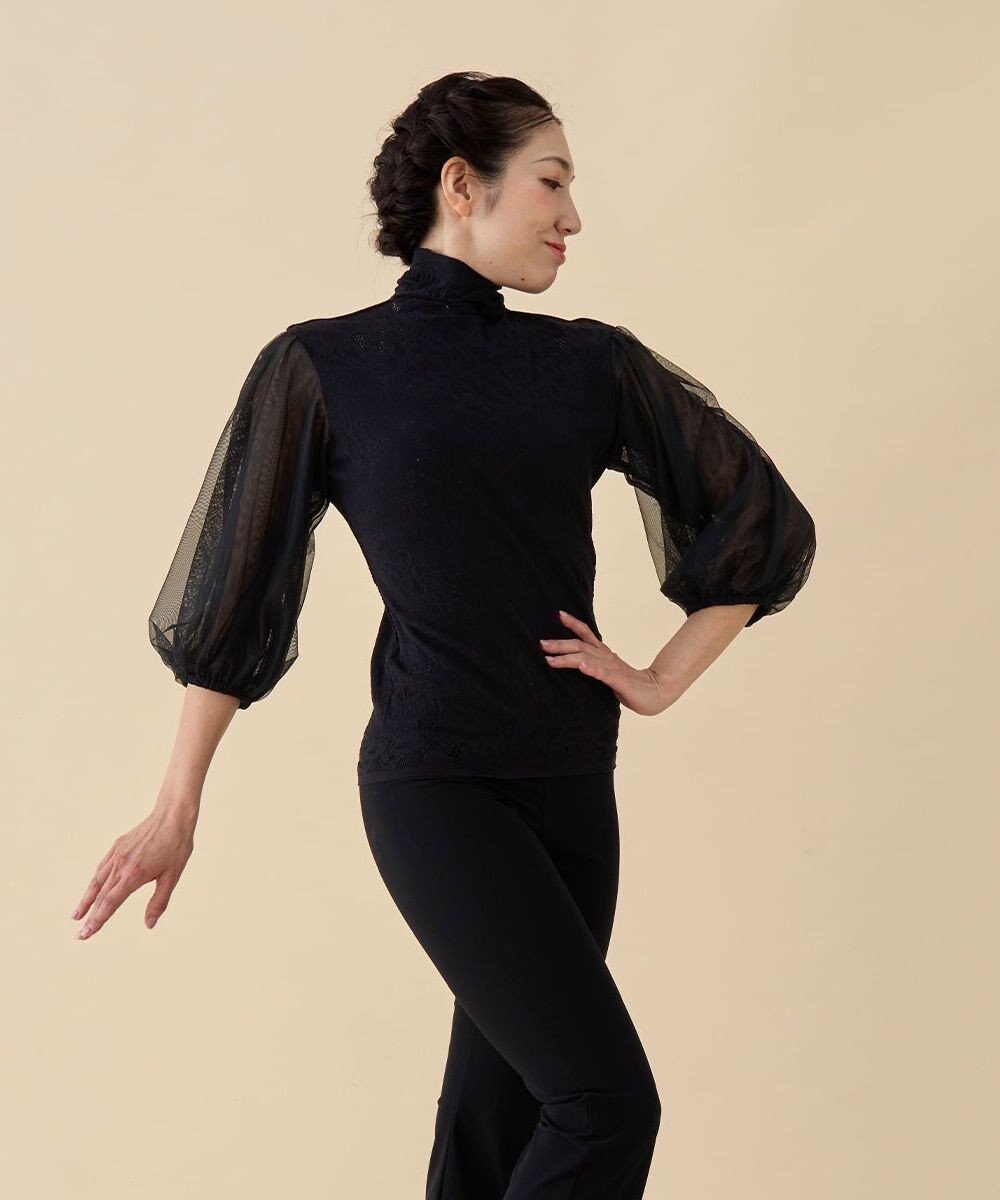 Chacott 【ノーソーイングニット】チュールスリーブハイネックトップ 