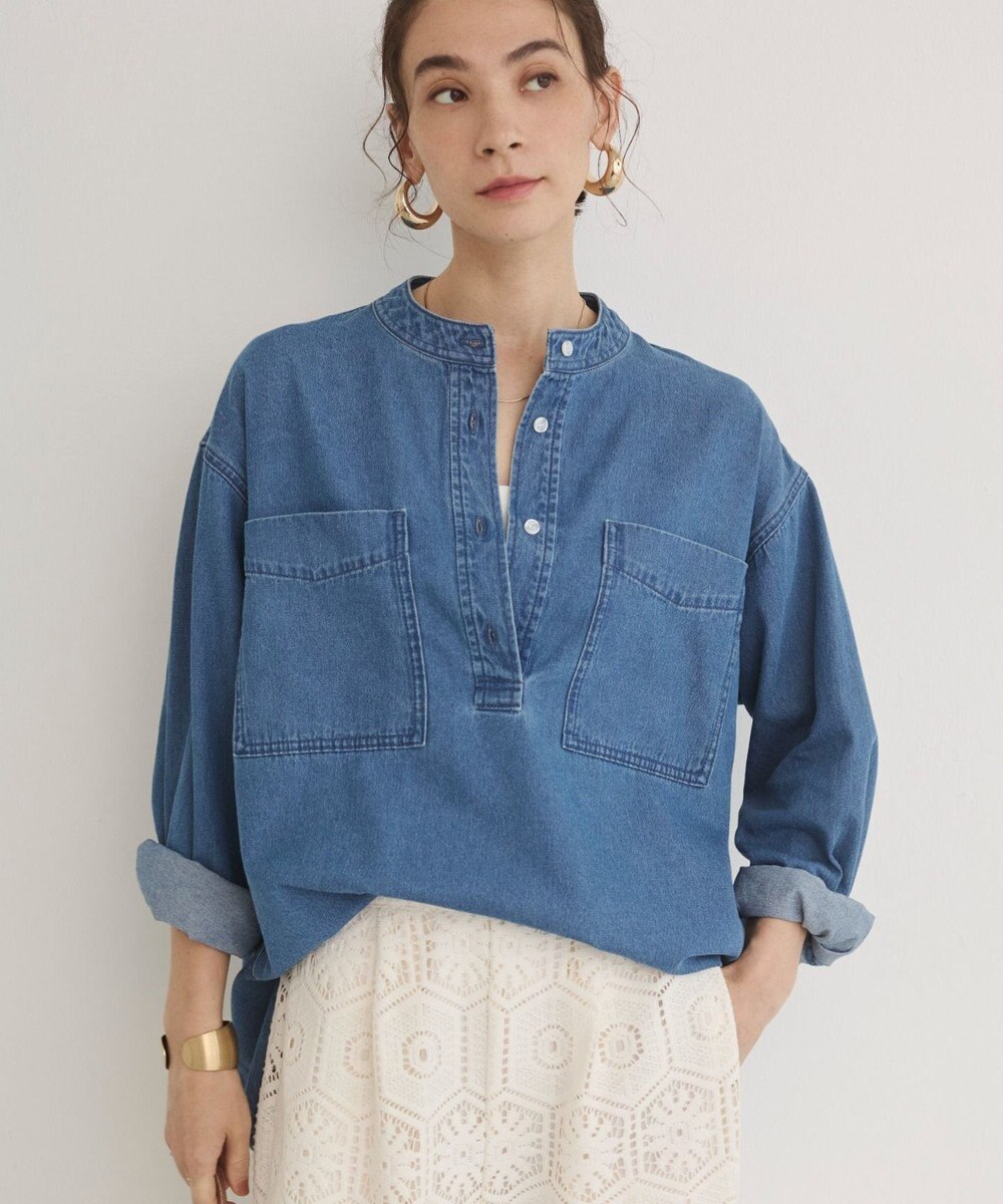 WEGO 【ANGIE VINTAGE】襟が選べる デニム プルオーバー シャツ（バンドカラー/レギュラー） 