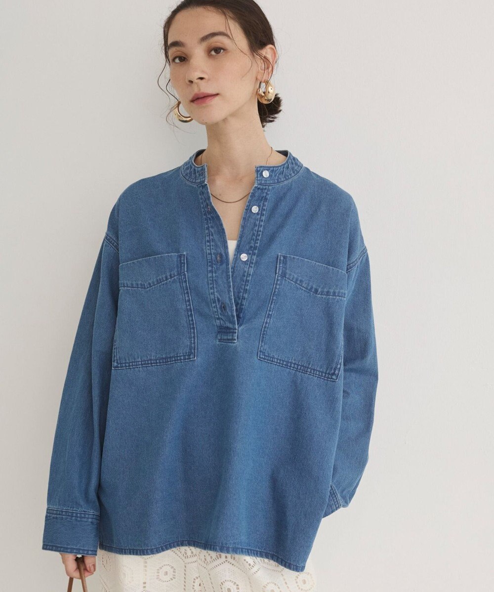 WEGO 【ANGIE VINTAGE】襟が選べる デニム プルオーバー シャツ（バンドカラー/レギュラー） 
