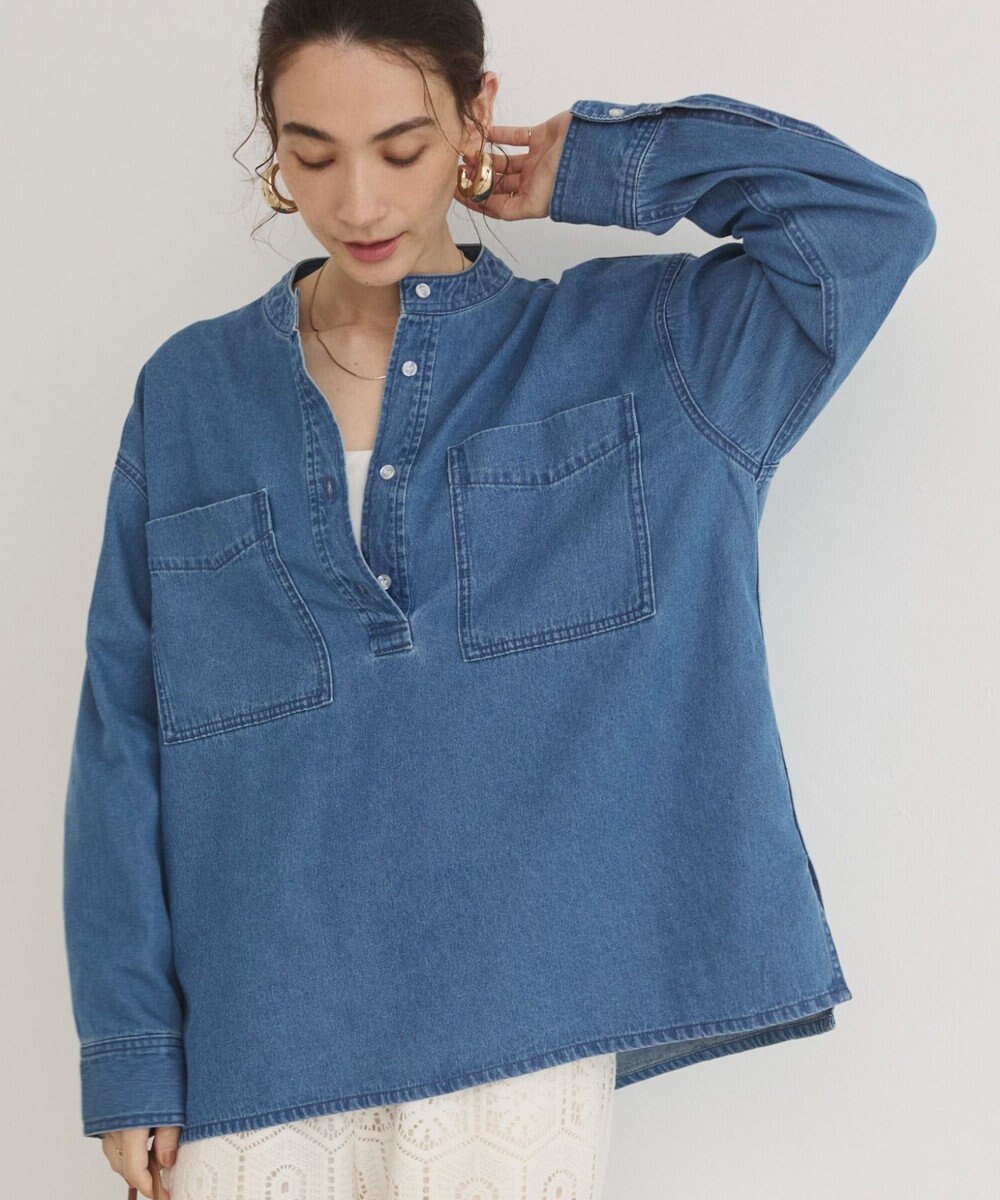 WEGO 【ANGIE VINTAGE】襟が選べる デニム プルオーバー シャツ（バンドカラー/レギュラー） 