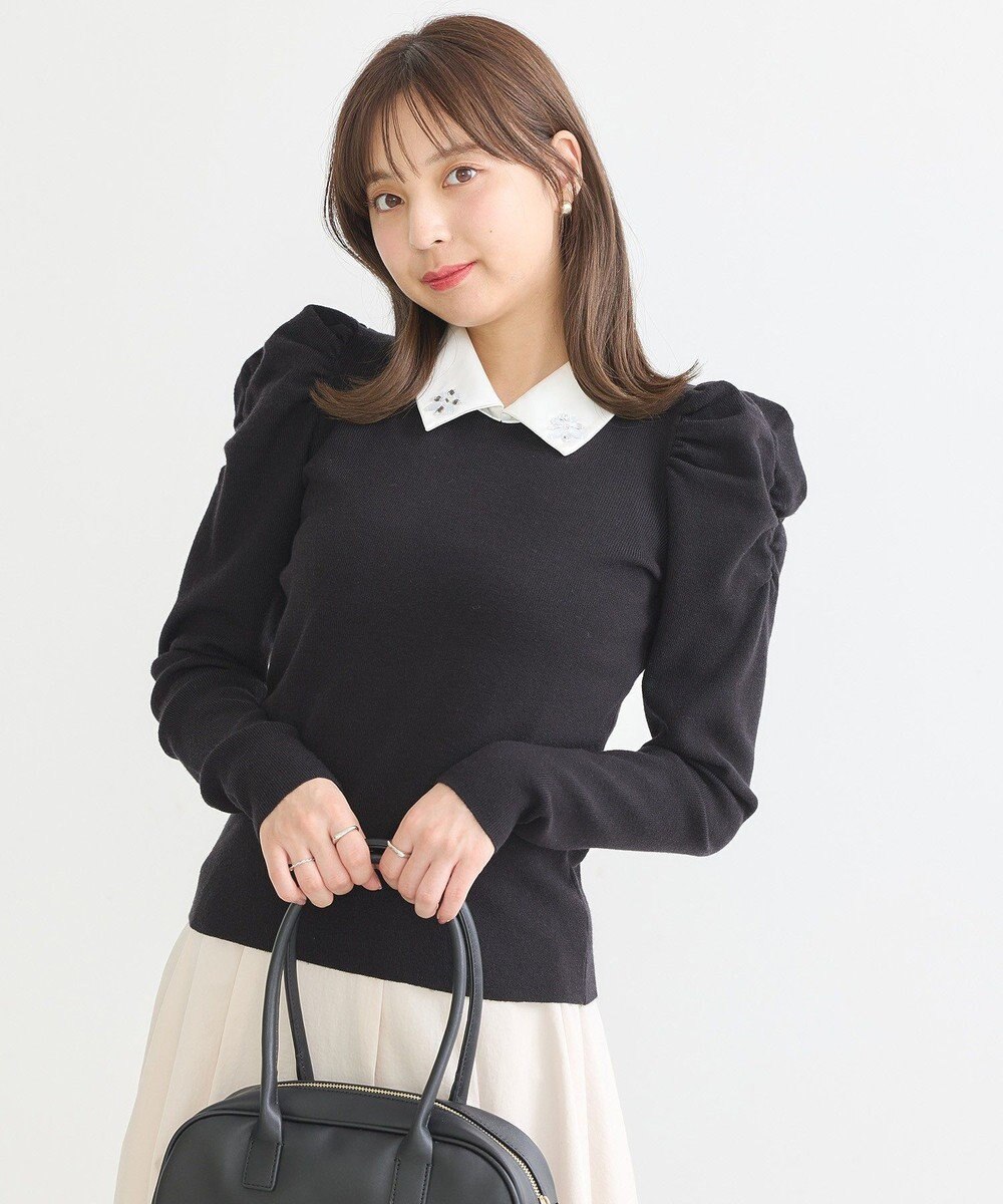 earth music&ecology 襟ビジュー付きニットプルオーバー 