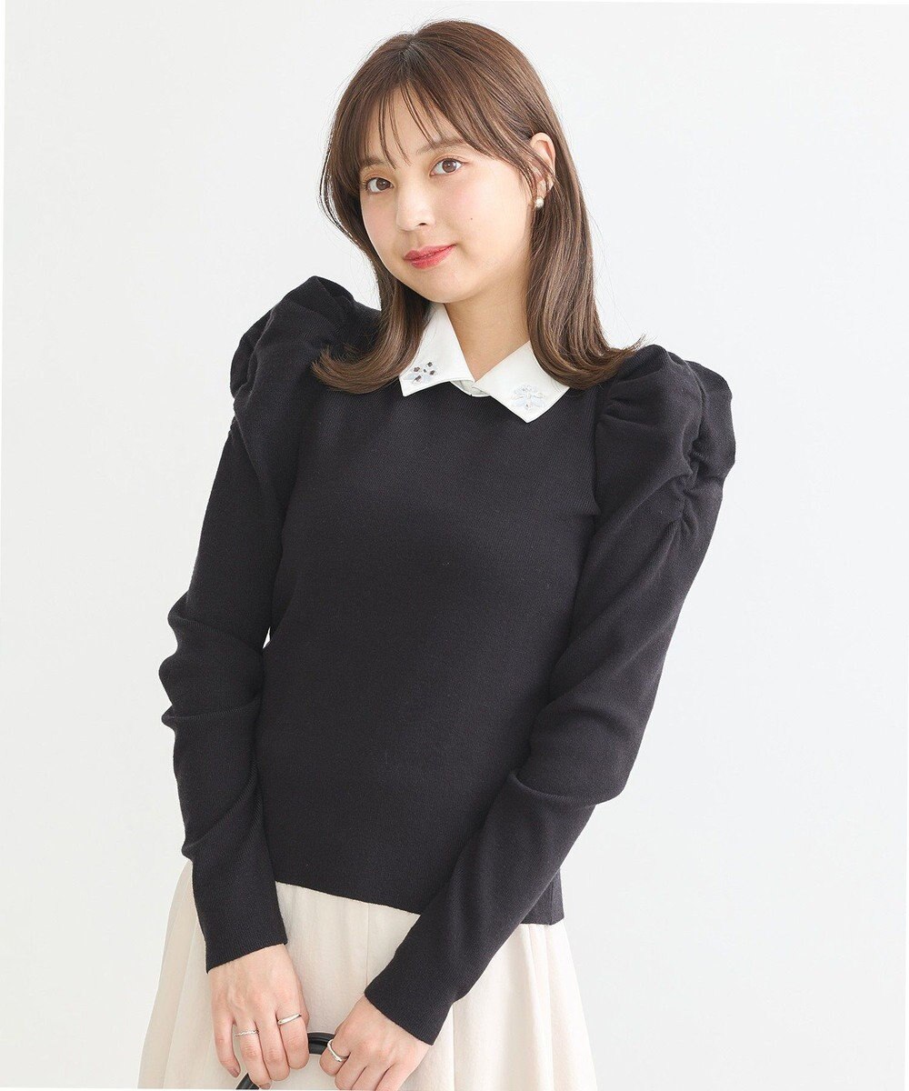 earth music&ecology 襟ビジュー付きニットプルオーバー 