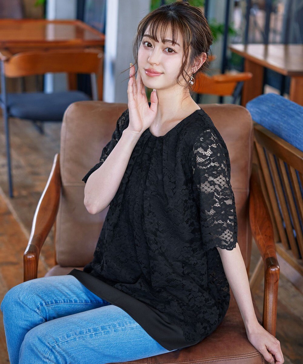 Tiaclasse 【洗える】スカラップレースチュニックブラウス 