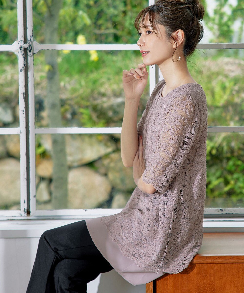 Tiaclasse 【洗える】スカラップレースチュニックブラウス 