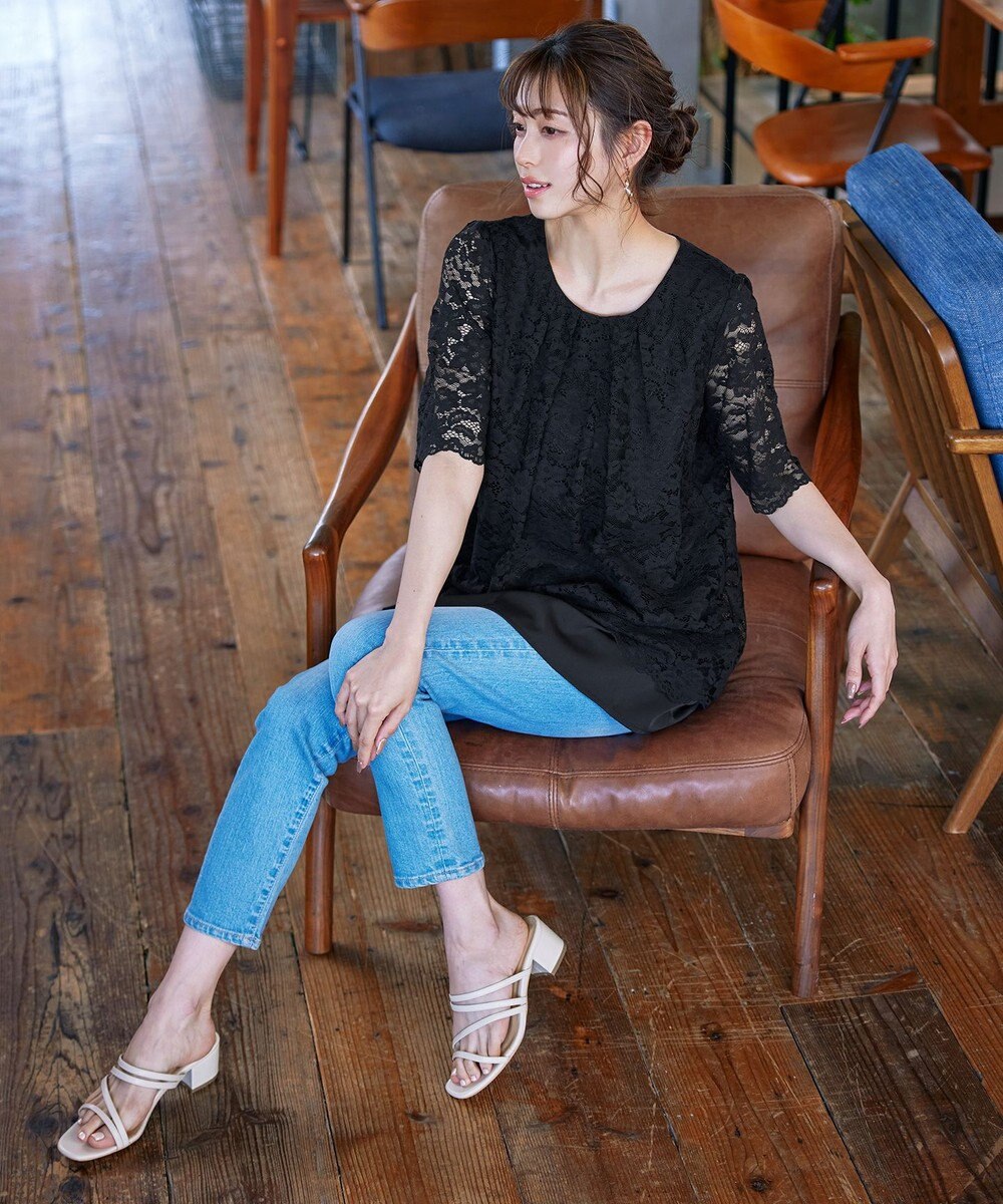 Tiaclasse 【洗える】スカラップレースチュニックブラウス 
