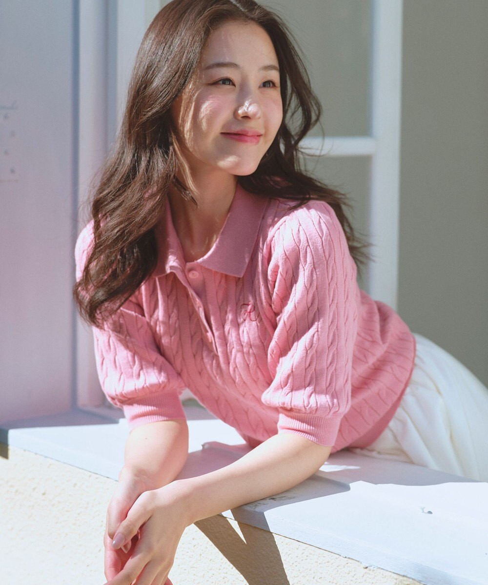 Feroux 胸元刺繍ケーブルポロ ニット 