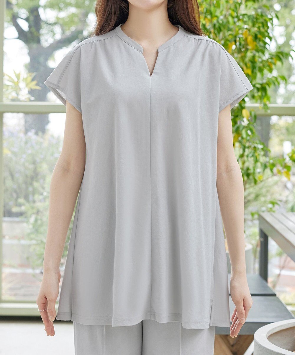 Tiaclasse L 【冷凛(ひやりん)カノコ】スキッパー襟フレンチスリーブチュニック 