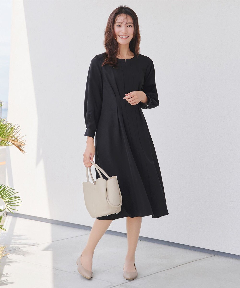 Tiaclasse 【洗える】ビジュー付きフロント切替タックワンピース 