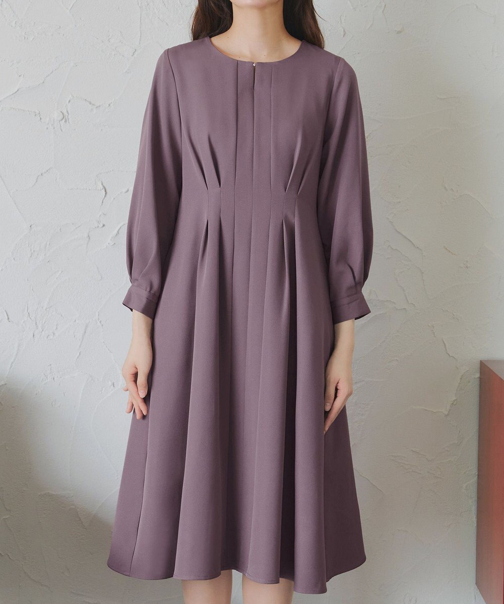 Tiaclasse 【洗える】ビジュー付きフロント切替タックワンピース 