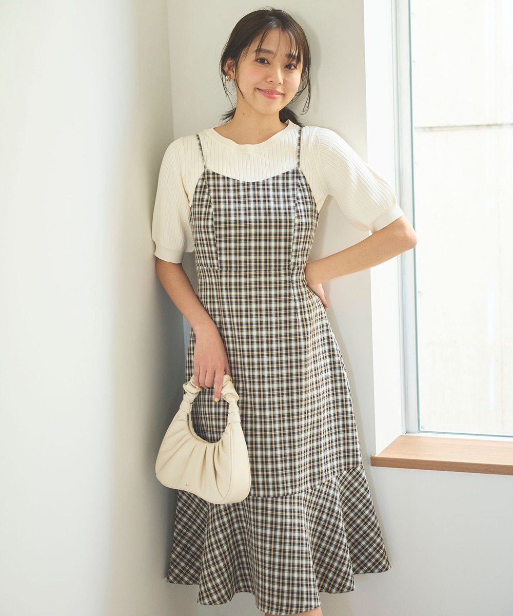 Feroux 【セットアイテム・洗える】パフスリーブニット×キャミソール ワンピース 